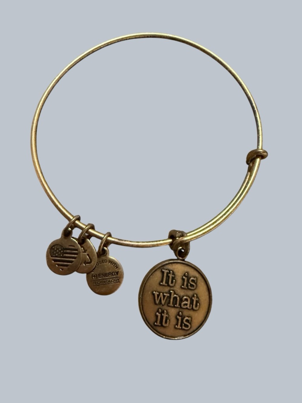 Alex and Ani Gold Tone Round Logo Charm Bangle “It is what it is”